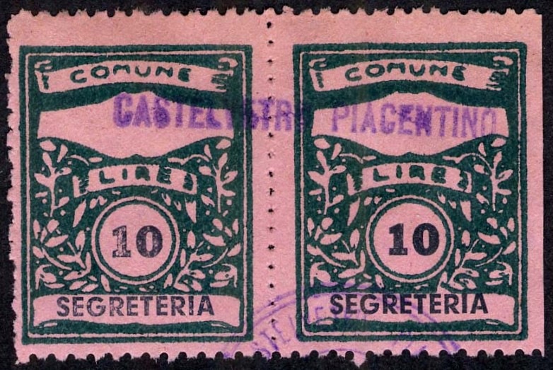 Marca da Bollo del Comune di CASTELVETRO PIACENTINO su Carta Colorata di dimensioni 22,5 x 29 mm