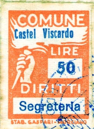 Marca da Bollo del Comune di CASTEL VISCARDO su Carta Bianca di dimensioni 18,5 x 26 mm