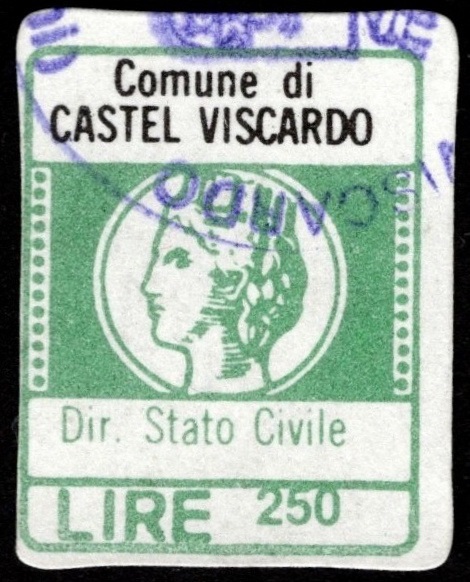 Marca da Bollo del Comune di CASTEL VISCARDO su Carta Bianca di dimensioni 19 x 20 mm