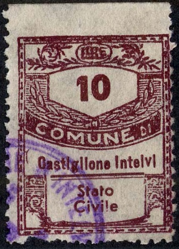 Marca da Bollo del Comune di CASTIGLIONE D´INTELVI su Carta Bianca di dimensioni 22,5 x 29 mm