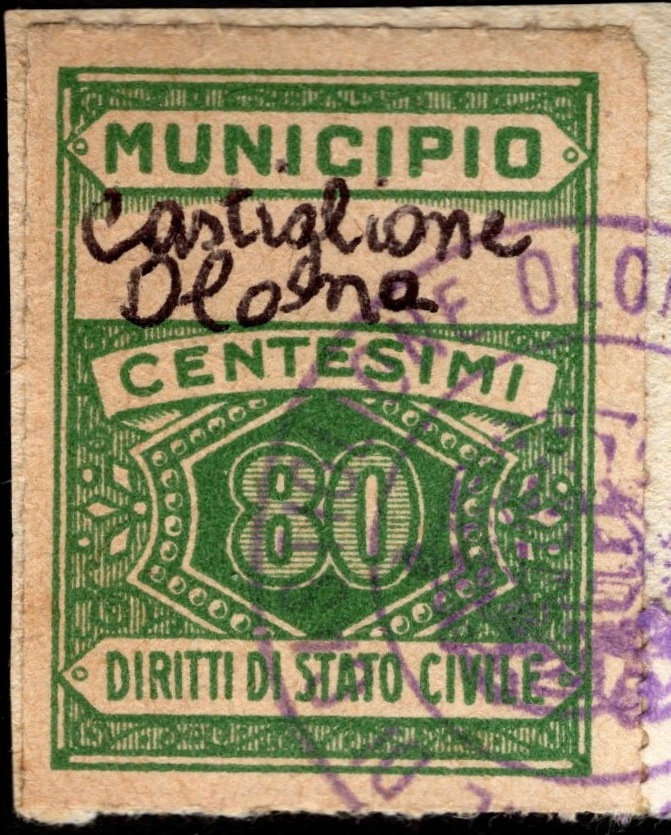 Marca da Bollo del Comune di CASTIGLIONE OLONA su Carta Bianca di dimensioni 22 x 29 mm