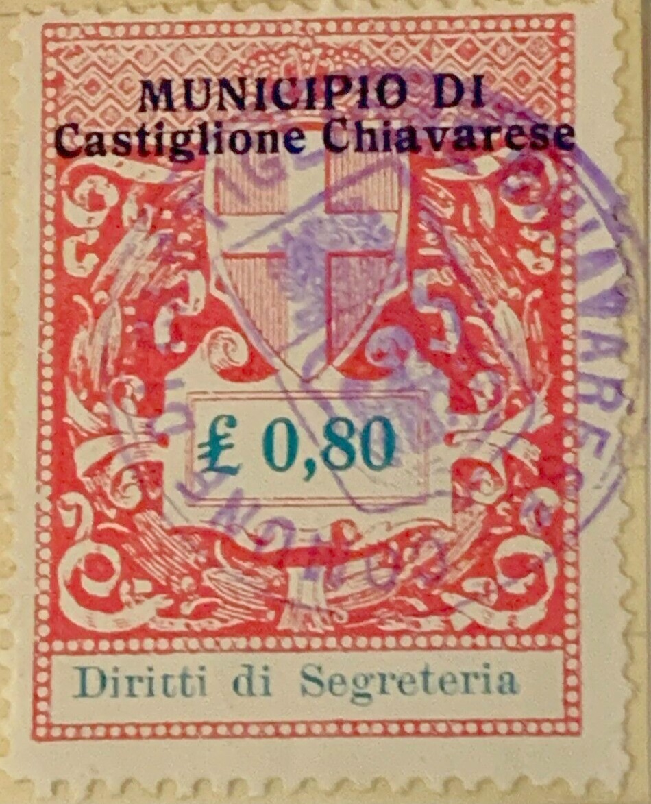 Marca da Bollo del Comune di CASTIGLIONE CHIAVARESE su Carta Bianca di dimensioni 23 X 33 mm