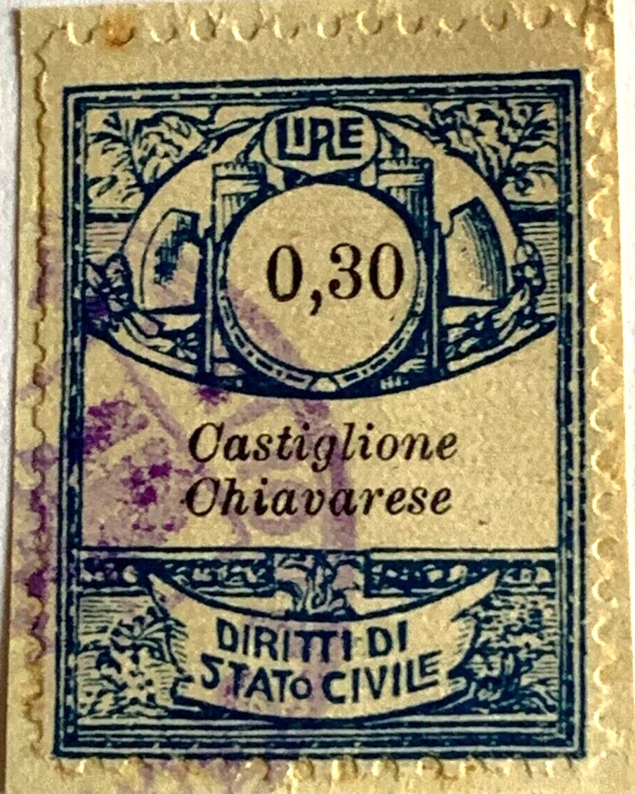 Marca da Bollo del Comune di CASTIGLIONE CHIAVARESE su Carta Bianca di dimensioni 23,5 X 30,5 mm