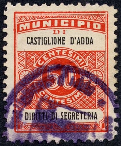 Marca da Bollo del Comune di CASTIGLIONE D´ADDA su Carta Bianca di dimensioni 22,5 x 28,5 mm