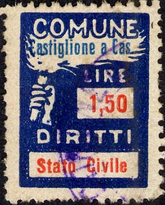 Marca da Bollo del Comune di CASTIGLIONE A CASAURIA su Carta Bianca di dimensioni 18,5 x 26 mm