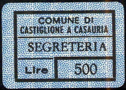 Marca da Bollo del Comune di CASTIGLIONE A CASAURIA su Carta Bianca di dimensioni 24,5 X 17 mm