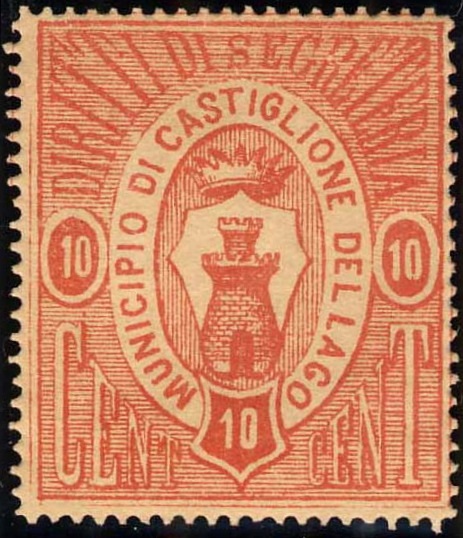 Marca da Bollo del Comune di CASTIGLIONE DEL LAGO su Carta Bianca di dimensioni 28 x 33,5 mm