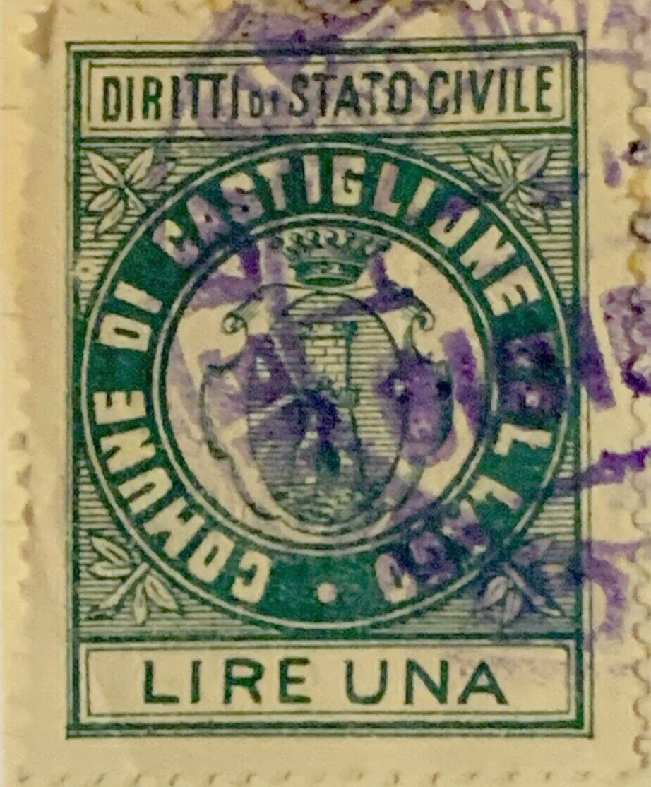 Marca da Bollo del Comune di CASTIGLIONE DEL LAGO su Carta Bianca di dimensioni 21 X 27 mm