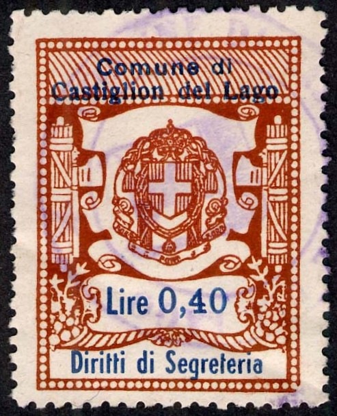 Marca da Bollo del Comune di CASTIGLIONE DEL LAGO su Carta Bianca di dimensioni 21,5 x 28,5 mm