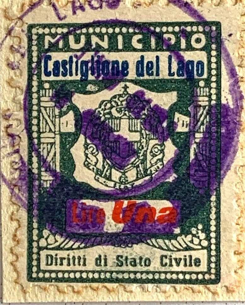 Marca da Bollo del Comune di CASTIGLIONE DEL LAGO su Carta Bianca di dimensioni 21,5 x 28,5 mm