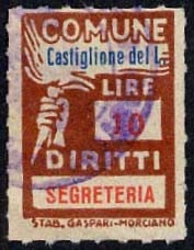 Marca da Bollo del Comune di CASTIGLIONE DEL LAGO su Carta Bianca di dimensioni 18,5 x 26 mm
