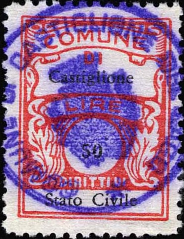 Marca da Bollo del Comune di CASTIGLIONE DEL LAGO su Carta Bianca Sottile di dimensioni 22,5 x 29 mm