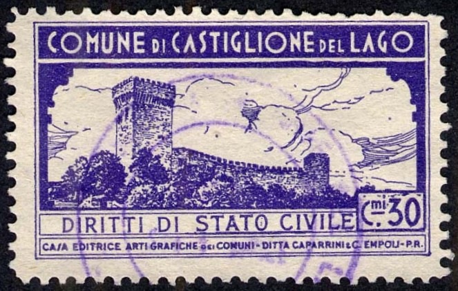 Marca da Bollo del Comune di CASTIGLIONE DEL LAGO su Carta Bianca di dimensioni 35 x 21 mm