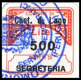 Marca da Bollo del Comune di CASTIGLIONE DEL LAGO su Carta Bianca di dimensioni 24 x 21 mm
