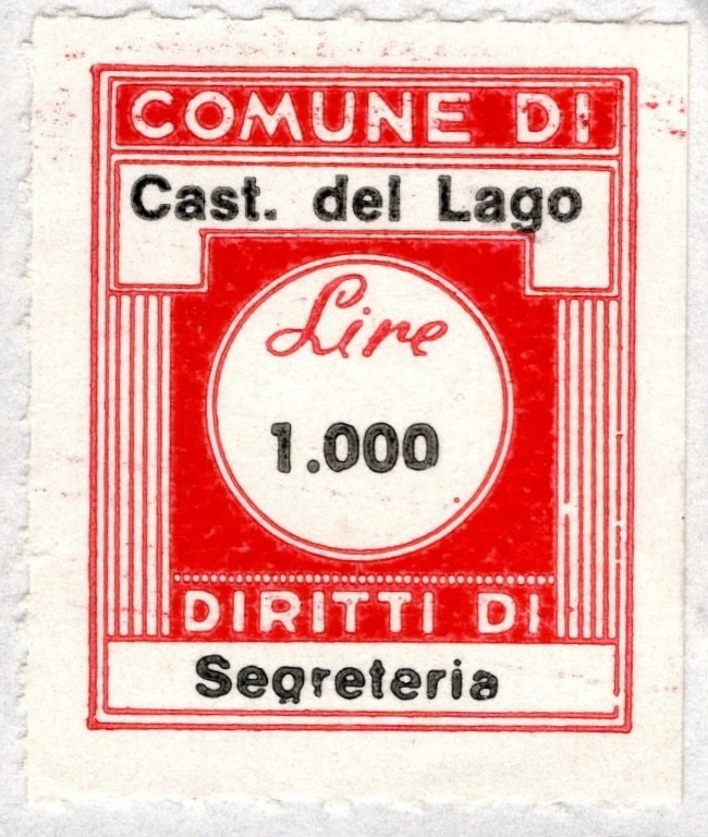 Marca da Bollo del Comune di CASTIGLIONE DEL LAGO su Carta Bianca di dimensioni 20 x 22 mm