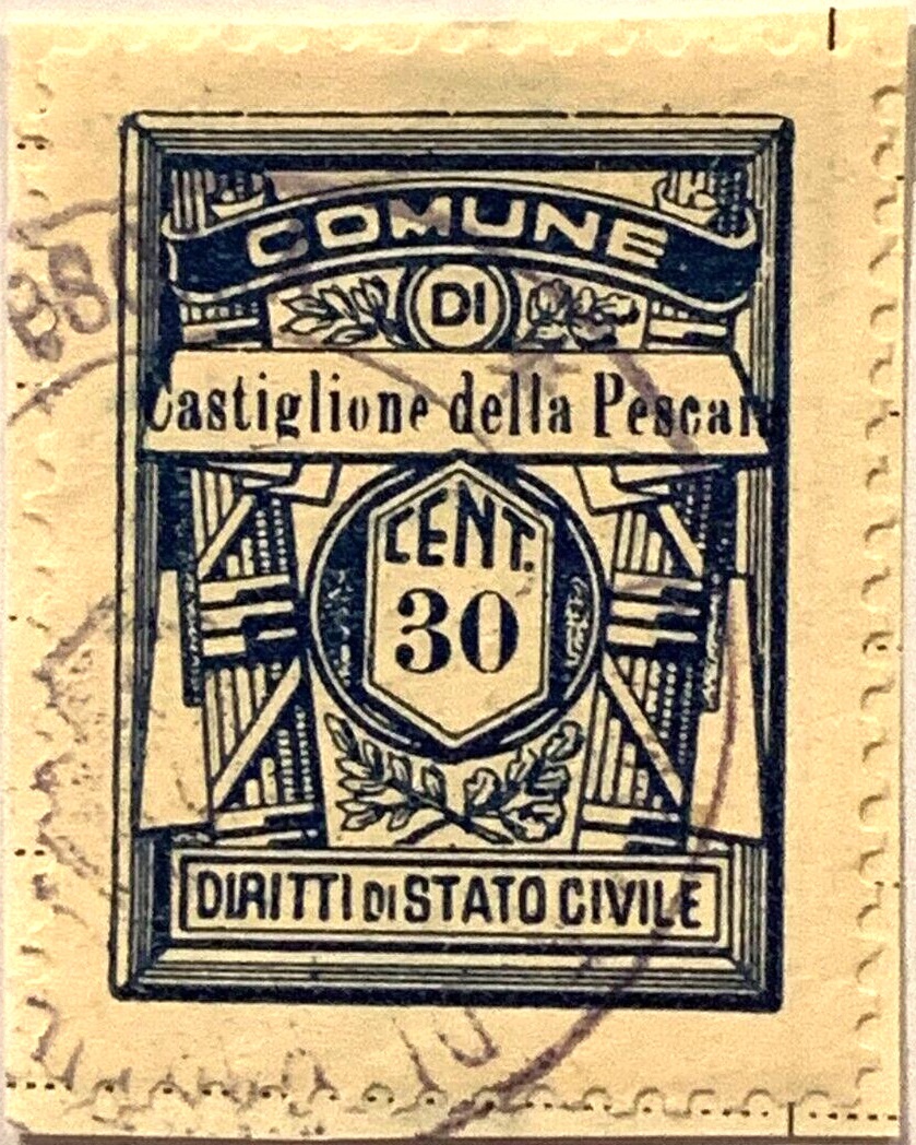Marca da Bollo del Comune di CASTIGLIONE DELLA PESCAIA su Carta Bianca Sottile di dimensioni 21,5 x 28,5 mm