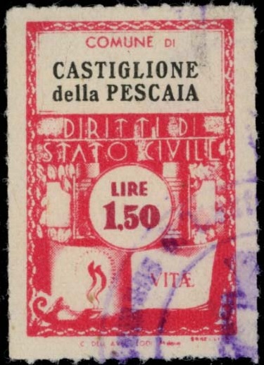 Marca da Bollo del Comune di CASTIGLIONE DELLA PESCAIA su Carta Bianca Sottile di dimensioni 21 x 32,5 mm