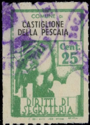 Marca da Bollo del Comune di CASTIGLIONE DELLA PESCAIA su Carta Bianca Sottile di dimensioni 21 X 32 mm