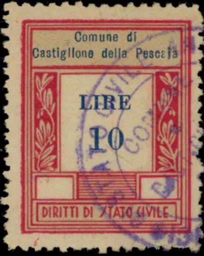 Marca da Bollo del Comune di CASTIGLIONE DELLA PESCAIA su Carta Bianca di dimensioni 23 x 29,5 mm