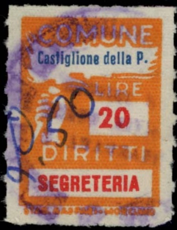 Marca da Bollo del Comune di CASTIGLIONE DELLA PESCAIA su Carta Bianca di dimensioni 18 x 26 mm