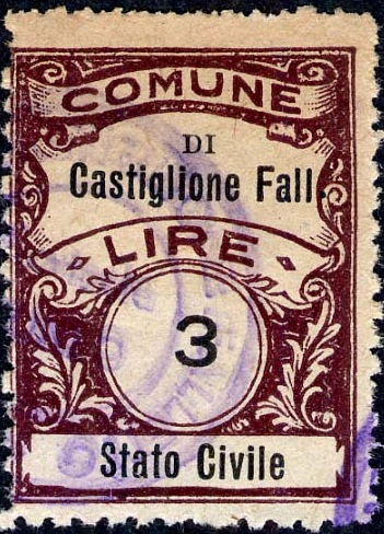 Marca da Bollo del Comune di CASTIGLIONE FALLETTO su Carta Bianca Sottile di dimensioni 22,5 x 29 mm