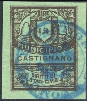 Marca da Bollo del Comune di CASTIGNANO su Carta Verde di dimensioni 22 x 28,5 mm