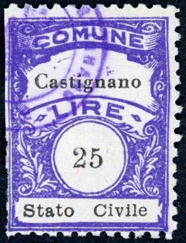 Marca da Bollo del Comune di CASTIGNANO su Carta Bianca Sottile di dimensioni 22,5 x 29 mm