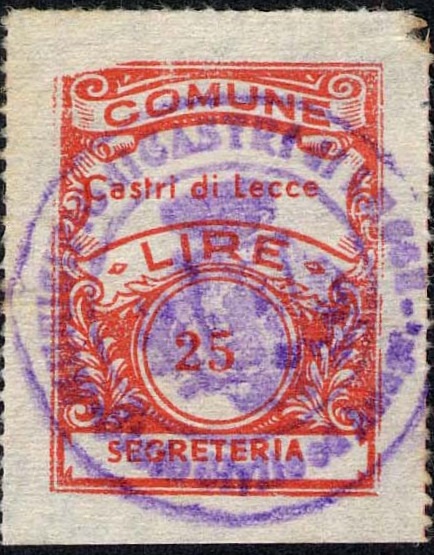 Marca da Bollo del Comune di CASTRI DI LECCE su Carta Bianca Sottile di dimensioni 22 x 29 mm