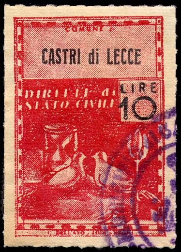 Marca da Bollo del Comune di CASTRI DI LECCE su Carta Bianca Sottile di dimensioni 21,5 x 32 mm