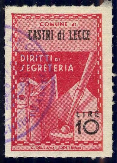 Marca da Bollo del Comune di CASTRI DI LECCE su Carta Bianca di dimensioni 21 X 32 mm