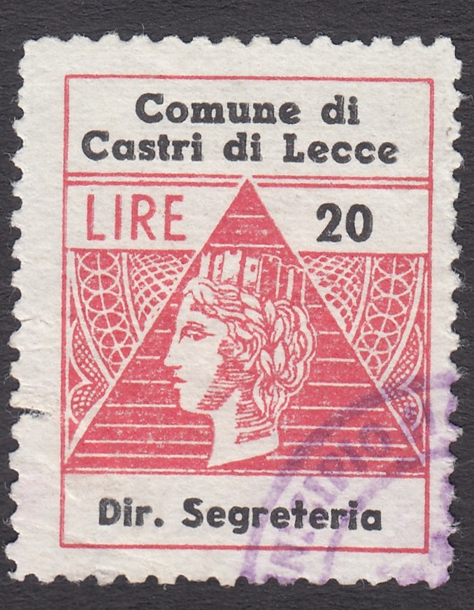 Marca da Bollo del Comune di CASTRI DI LECCE su Carta Bianca Sottile di dimensioni 21,5 x 27,5 mm