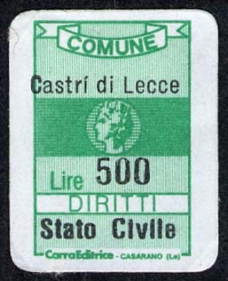 Marca da Bollo del Comune di CASTRI DI LECCE su Carta Bianca di dimensioni 17 x 26 mm