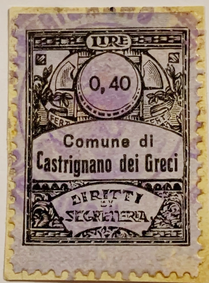 Marca da Bollo del Comune di CASTRIGNANO DE GRECI su Carta Bianca di dimensioni 23,5 X 30,5 mm