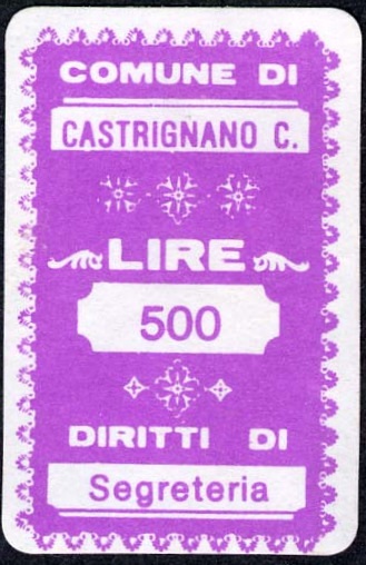 Marca da Bollo del Comune di CASTRIGNANO DEL CAPO su Carta Bianca di dimensioni 20 x 32 mm