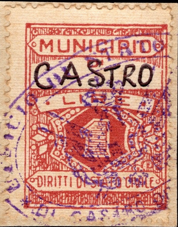 Marca da Bollo del Comune di CASTRO su Carta Bianca di dimensioni 22 x 29 mm