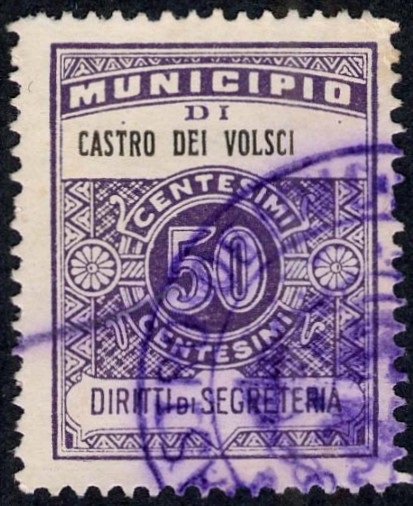 Marca da Bollo del Comune di CASTRO DEI VOLSCI su Carta Bianca Sottile di dimensioni 22,5 x 29 mm