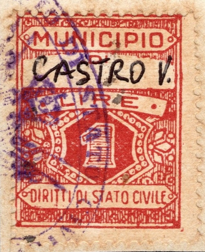 Marca da Bollo del Comune di CASTRO DEI VOLSCI su Carta Bianca Sottile di dimensioni 22,5 x 29 mm