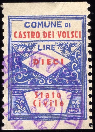 Marca da Bollo del Comune di CASTRO DEI VOLSCI su Carta Bianca Sottile di dimensioni 23 X 33 mm