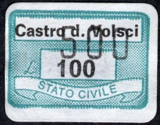 Marca da Bollo del Comune di CASTRO DEI VOLSCI su Carta Bianca di dimensioni 19 x 14 mm