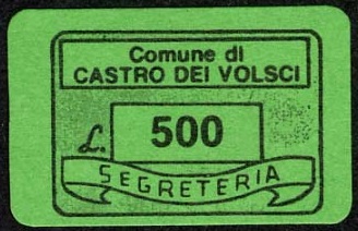 Marca da Bollo del Comune di CASTRO DEI VOLSCI su Carta Colorata di dimensioni 19 x 13,5 mm