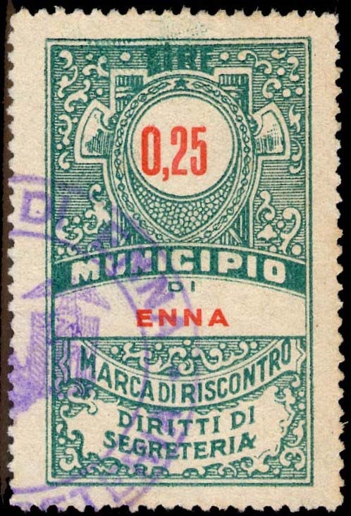 Marca da Bollo del Comune di ENNA (CASTROGIOVANNI) su Carta Bianca di dimensioni 26 x 44 mm