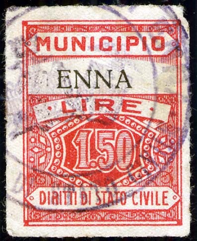 Marca da Bollo del Comune di ENNA (CASTROGIOVANNI) su Carta Bianca Sottile di dimensioni 22,5 x 29 mm