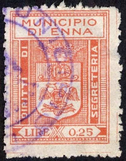 Marca da Bollo del Comune di ENNA (CASTROGIOVANNI) su Carta Bianca Sottile di dimensioni 21 x 28 mm