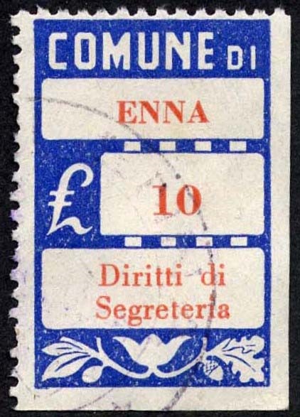 Marca da Bollo del Comune di ENNA (CASTROGIOVANNI) su Carta Bianca Sottile di dimensioni 21 x 34 mm