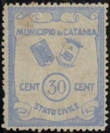 Marca da Bollo del Comune di CATANIA su Carta Bianca di dimensioni 26,5 x 33,5 mm