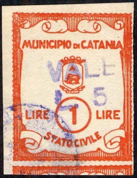 Marca da Bollo del Comune di CATANIA su Carta Bianca di dimensioni 26,5 x 33,5 mm