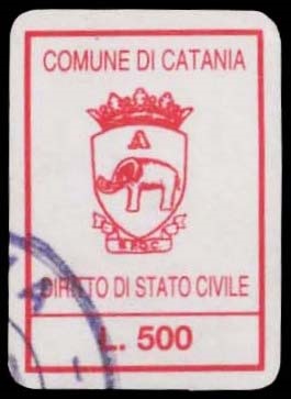 Marca da Bollo del Comune di CATANIA su Carta Bianca di dimensioni 14,5 x 21,5 mm