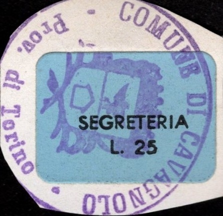Marca da Bollo del Comune di CAVAGNOLO su Carta Colorata di dimensioni 20 x 14 mm