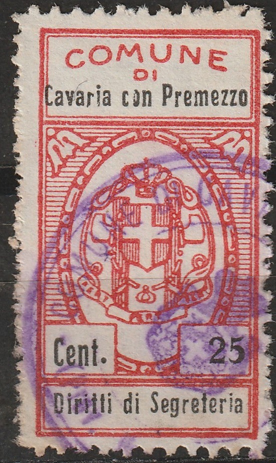 Marca da Bollo del Comune di CAVARIA CON PREMEZZO su Carta Bianca di dimensioni 21 x 42 mm