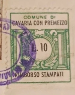 Marca da Bollo del Comune di CAVARIA CON PREMEZZO su Carta Bianca di dimensioni 18 x 23 mm
